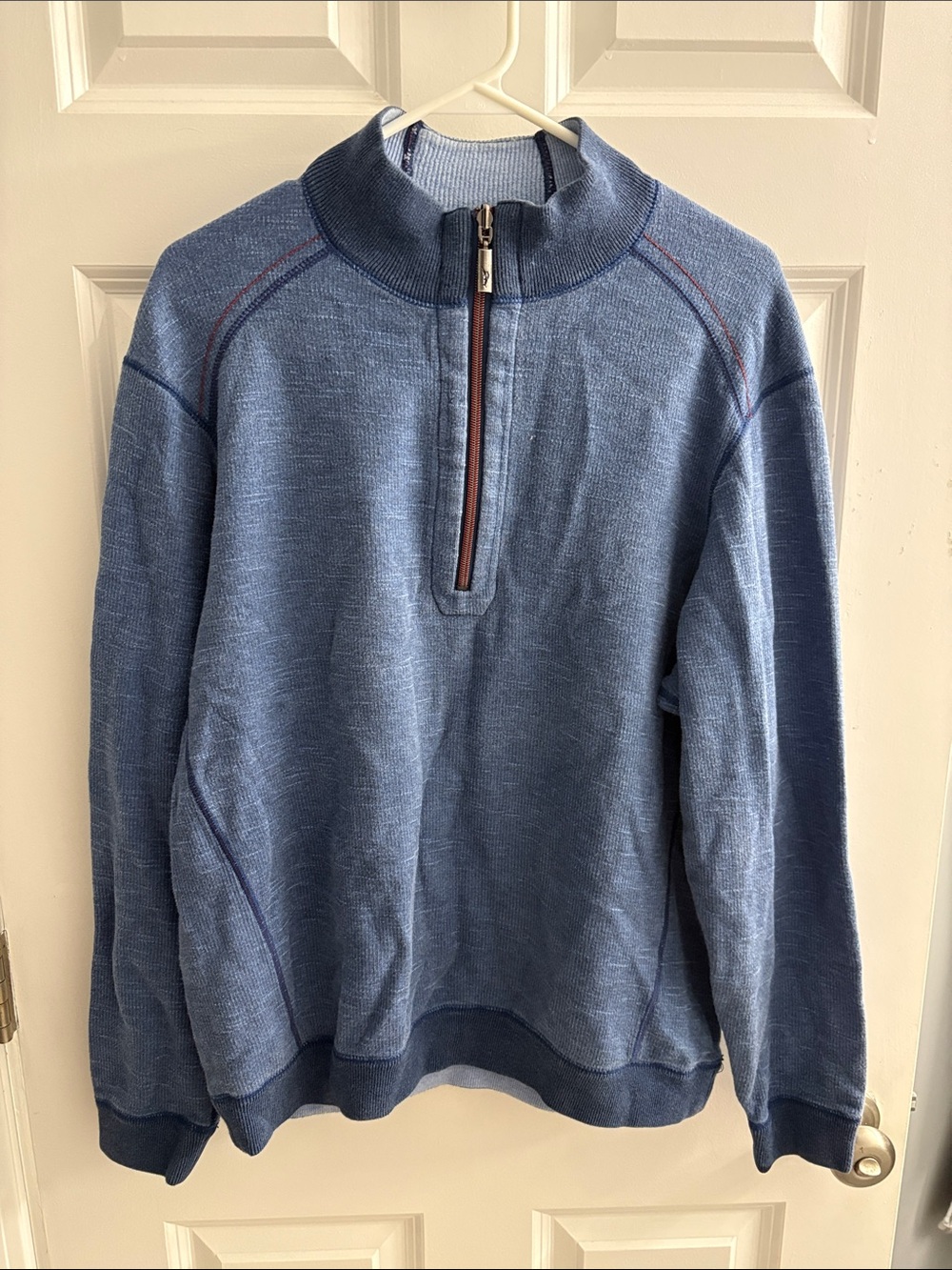 Tommy Bahama Men's Light Blue Half-Zip Sweater with Contrast Trim